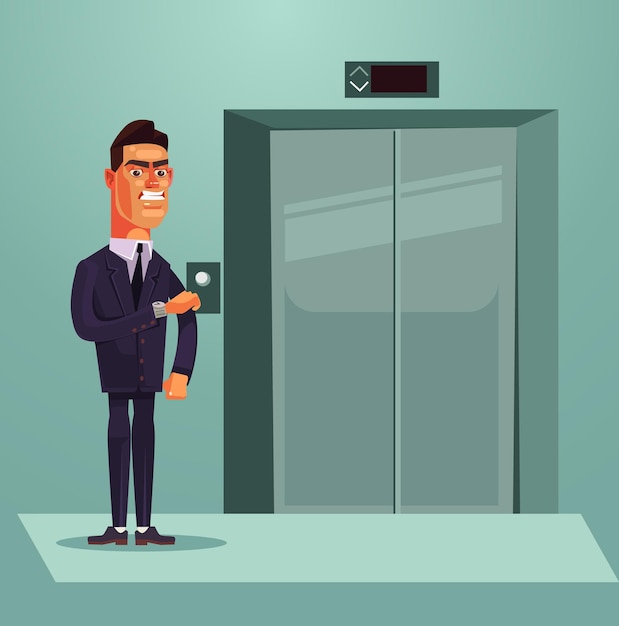 Homme D'affaires De Travailleur De Bureau Nerveux Triste En Colère En Attente D'illustration De Dessin Animé D'ascenseur