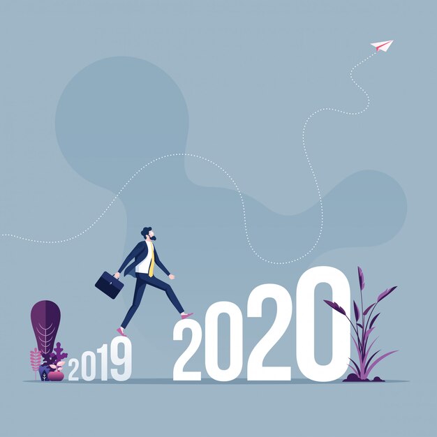 Homme D'affaires Traversant Entre 2019 Et 2020 Le Nouvel An