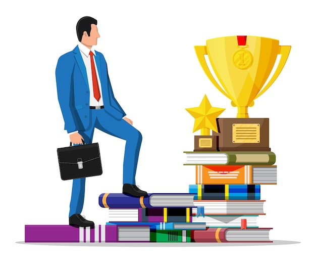 Homme D'affaires Avec Trophée Sur Pile De Livres. Homme D'affaires Avec Médaille. éducation Et étude. Succès Commercial, Triomphe, Objectif Ou Réalisation. Gagnant Du Concours. Style Plat D'illustration Vectorielle