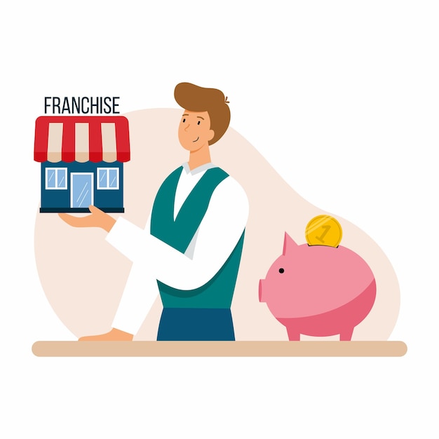 Homme D'affaires Vend Une Franchise Système De Franchise Illustration Vectorielle En Style Cartoon L'homme Propose D'acheter Une Entreprise Prête à L'emploi