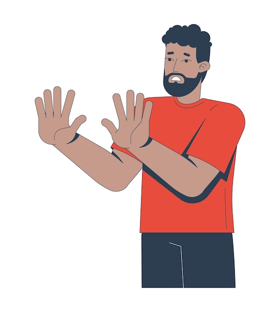 Homme afro-américain rejetant avec les mains tenant un personnage de dessin animé 2D