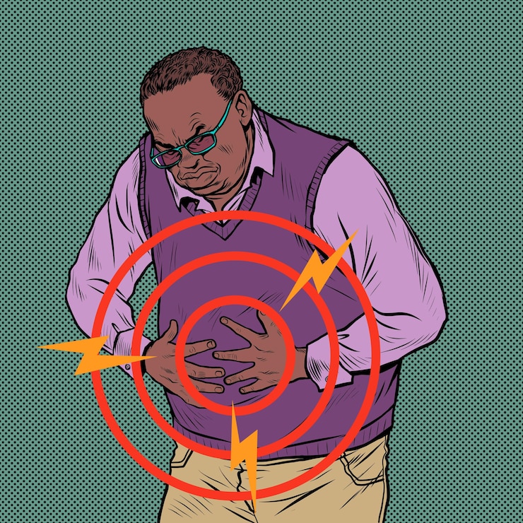 Vecteur homme âgé africain douleurs abdominales maladies des intestins de l'estomac ou d'autres organes internes