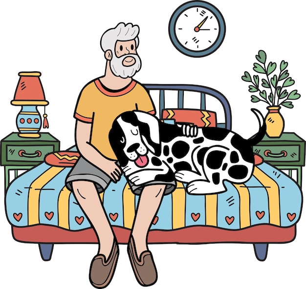 Homme âgé Dessiné à La Main Assis Avec Illustration De Chien Dalmatien Dans Un Style Doodle