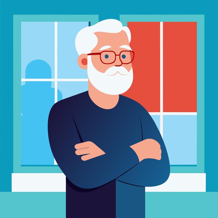 Vecteur un homme âgé avec des lunettes et une barbe blanche se tient avec les bras croisés