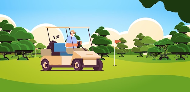 Vecteur homme aîné conduisant le buggy sur le concept de vieillesse actif de parcours de golf horizontal