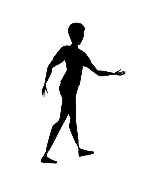 L'homme amical de silhouette noire étend sa main en saluant l'illustration de vecteur plat de conception de personnage de dessin animé isolée sur fond blanc.