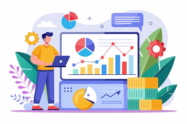 L'homme analyse les rapports financiers d'entreprise sur un grand écran graphique L'analyse des données et les tendances des rapports financiers des entreprises Illustration vectorielle plate simple et minimaliste