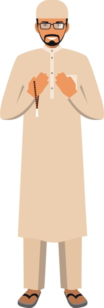 Homme arabe debout priant avec le chapelet dans ses mains. Illustration vectorielle.