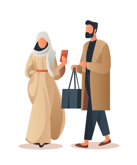 Vecteur homme arabe femme couple en vêtements traditionnels tenant des sacs d'achat saison grande vente offre spéciale remise promotionnelle