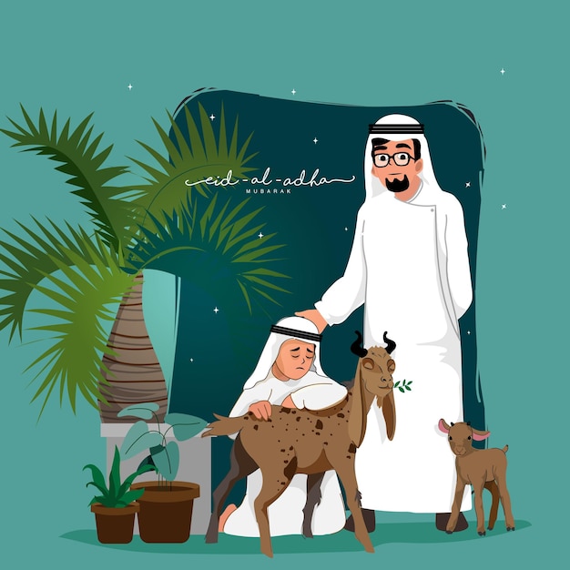 Vecteur un homme arabe avec son fils, des chèvres, des pots d'animaux et de plantes décorés en arrière-plan pour eid aladha mubarak