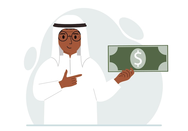 Un Homme Arabe Tient Une Grande Facture Papier Dans Sa Main Le Concept De Dépenses De Revenu Gagner Ou Dépenser De L'argent
