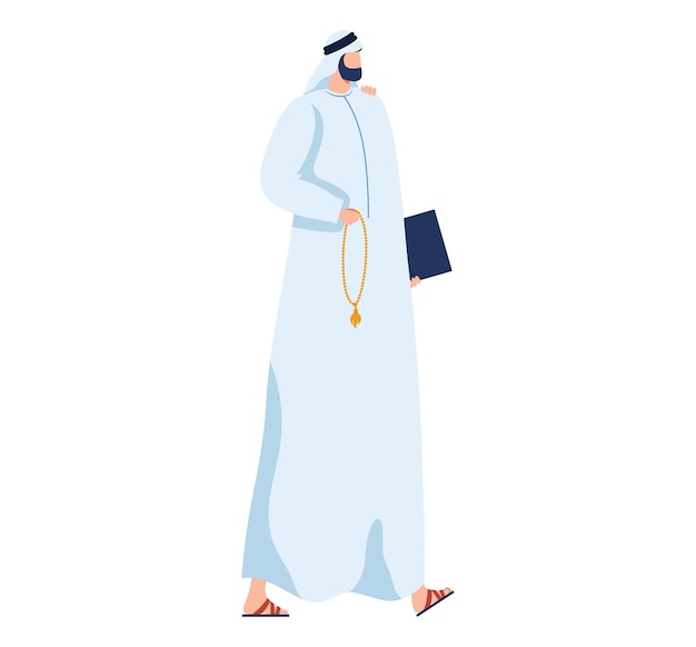 Vecteur un homme arabe en vêtements traditionnels tenant des perles de prière et un homme d'affaires du moyen-orient dans un dossier