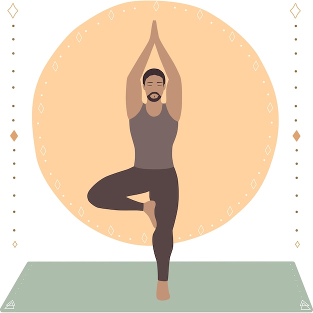 Homme asiatique debout dans la pose de l'arbre ou posture vrikshasana avec fond de style boho