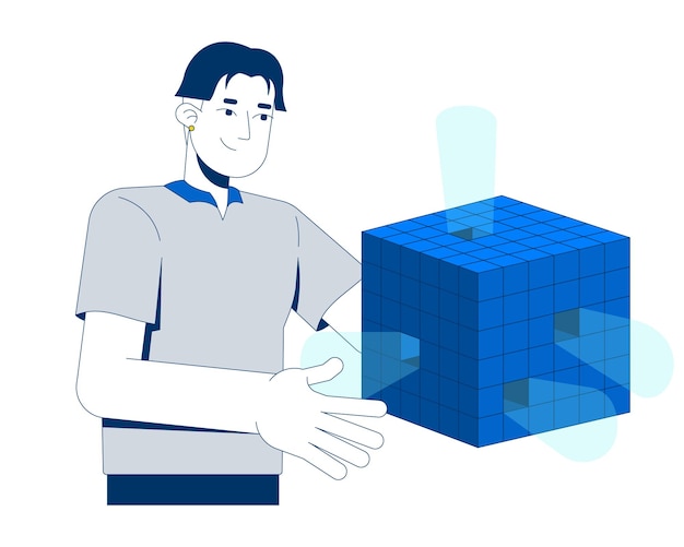 Un homme asiatique présentant un cube de données numériques flottant, un personnage de dessin animé 2D