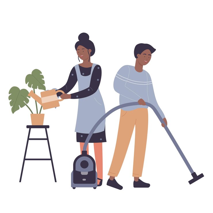 Vecteur homme, aspirateur, plancher, et, girl, arrosage, plante