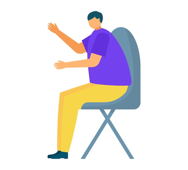 Homme assis en chemise violette présentant ou enseignant un personnage masculin gesticulant tout en parlant d'arrière-plan simple Présentation et illustration vectorielle de communication