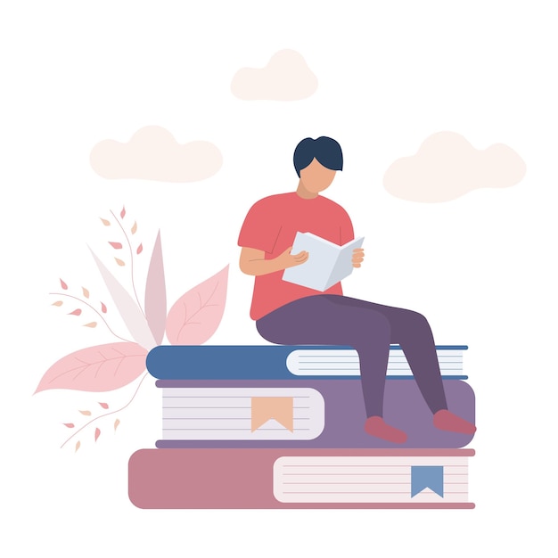 Homme assis sur une pile de livres vecteur et illustration