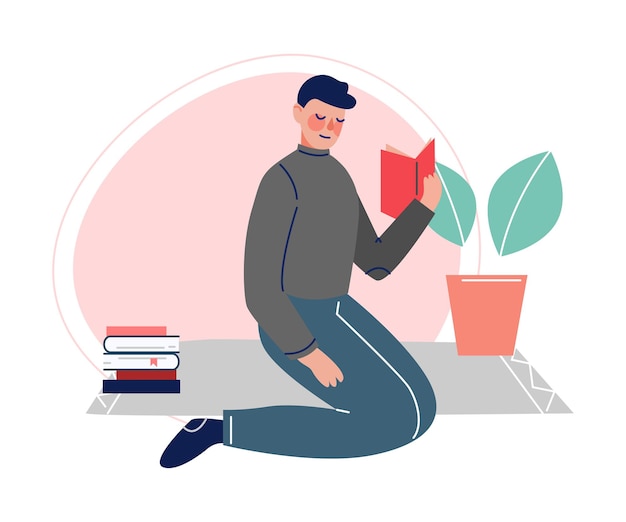 Homme Assis Sur Le Sol Et Lisant Un Livre Homme étudiant Universitaire Jeune Homme Passant Son Temps Libre à Lire De La Littérature Illustration Vectorielle