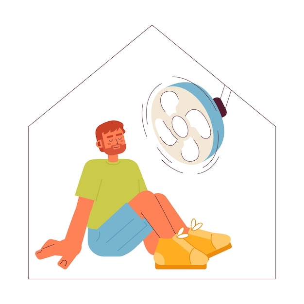 Vecteur homme assis sous un ventilateur de plafond à la maison personnage de vecteur de couleur semi-plat refroidir la chaleur dans l'appartement personne de tout le corps modifiable sur blanc illustration de spot de dessin animé simple pour la conception graphique web