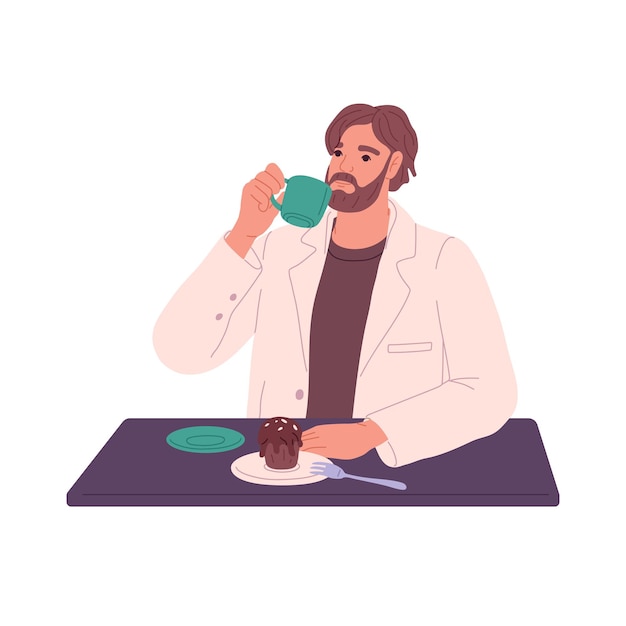 Homme assis à table, boire du café, manger des cupcakes le matin Jeune avec une tasse de thé et un dessert muffin dans un café de boulangerie Illustration vectorielle plane isolée sur fond blanc