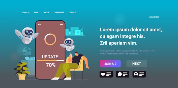 Homme Avec Des Assistants Robots Mettant à Jour Le Processus De Mise à Jour Du Système D'exploitation Installer Un Nouveau Logiciel Sur L'intelligence Artificielle Du Smartphone
