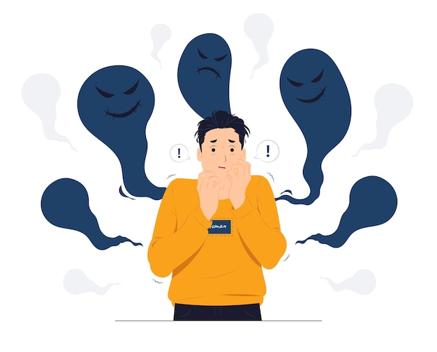 Homme atteint de schizophrénie stress post-traumatique trouble mental choqué peur panique anxiété peur frustrée et illustration de concept terrifié
