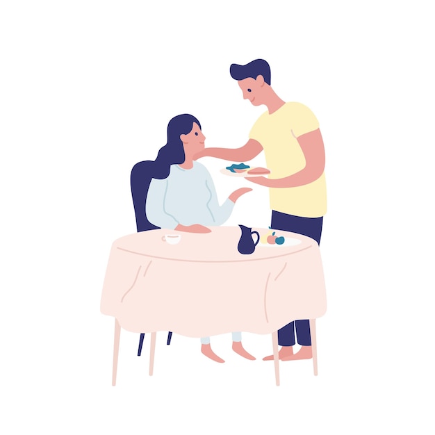 Homme Attentionné Apportant De La Nourriture à L'illustration Vectorielle Plate De La Femme Enceinte. Heureux Couple Futurs Parents Manger Ensemble Isolé Sur Blanc. Famille De Bande Dessinée Souriante Prenant Son Petit Déjeuner à Table.