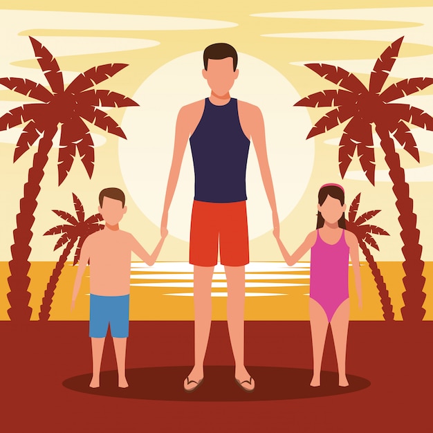 Homme Avatar Et Enfants à La Plage Au Coucher Du Soleil