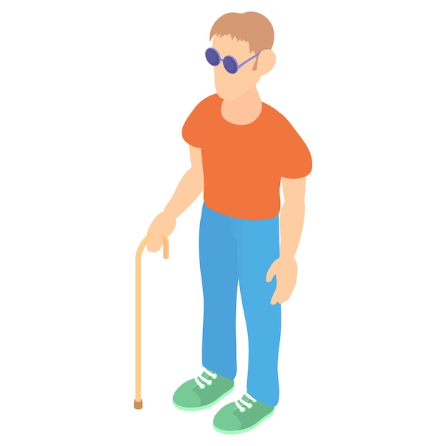 Homme aveugle avec une icône de canne en style dessin animé sur fond blanc