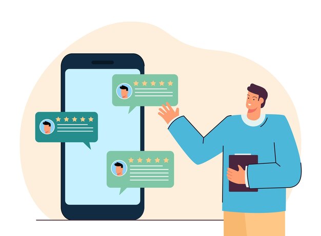 Homme avec avis de commentaires des clients sur l'écran du téléphone mobile
