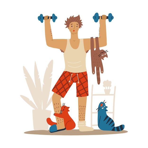 Vecteur un homme bâclé avec des chats faisant de l'exercice chez les chats interfère avec la motivation sportive humoristique de remise en forme cha ...