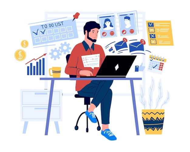 Homme De Bande Dessinée Indépendant Assis Et Travaillant Sur Un Ordinateur Portable Lieu De Travail à Domicile Travail Multitâche à Distance Travail Efficace à Distance Jeune Homme Lisant Des E-mails Et Analyse Smm Illustration Vectorielle