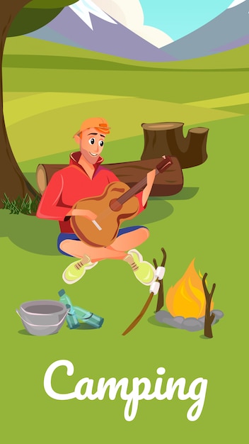 Homme de bande dessinée jouer de la musique de guitare près de Bonfire Camping