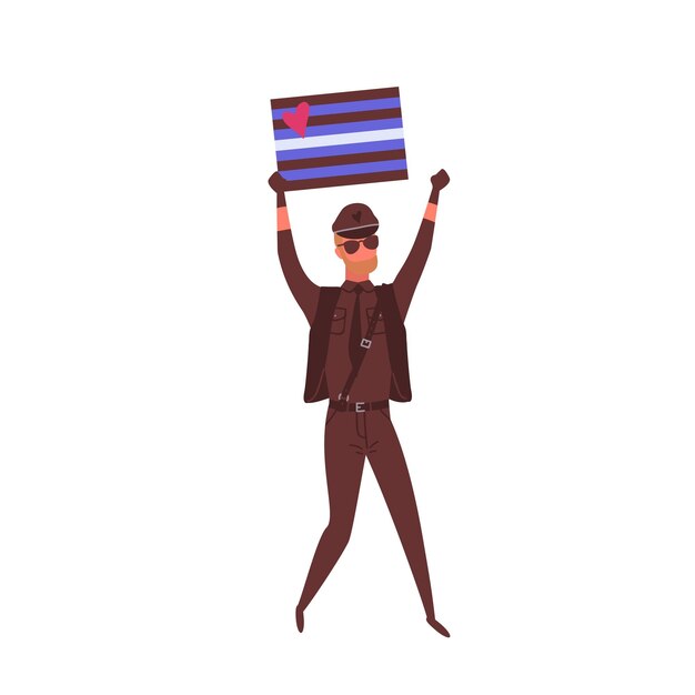 Vecteur homme barbu en costume de policier tenant un drapeau de fierté en cuir. activiste lgbt sur défilé gay isolé sur fond blanc. personnage homosexuel masculin en marche. illustration vectorielle en style cartoon plat.