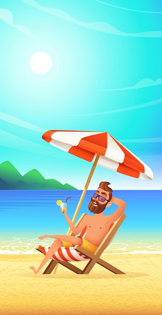 Un homme barbu est assis sur une chaise de plage ou un transat sous un parasol au bord de la mer et tient un cocktail à la main