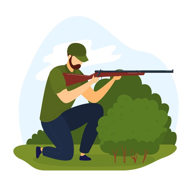 Vecteur homme barbu à genoux avec un fusil à l'extérieur chasseur visant un pistolet avec un fond de feuillage vert de mise au point