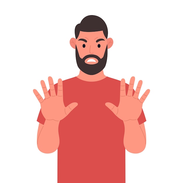 Un homme barbu montre un geste d'arrêt avec ses mains Illustration vectorielle