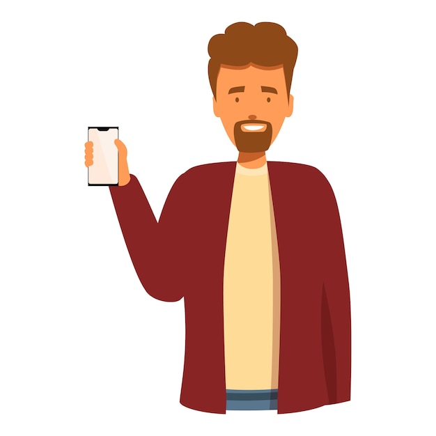Un homme barbu souriant montrant l'écran de son smartphone