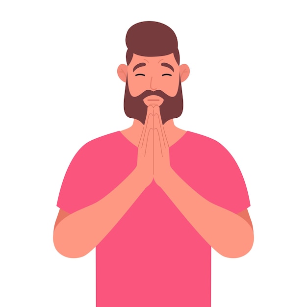 Homme Barbu En T-shirt Rose Dans Les Yeux Fermés Priant Les Mains Ensemble Illustration Vectorielle