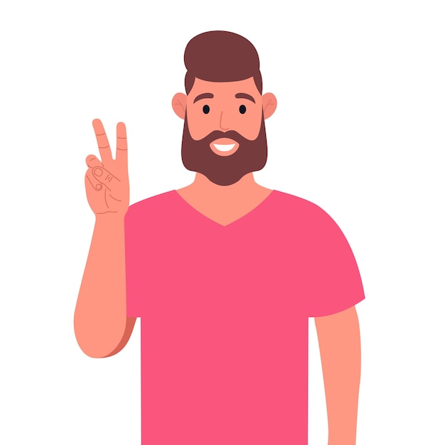 Vecteur un homme barbu en t-shirt rose montre un geste de victoire un signe de succès et de paix illustration vectorielle