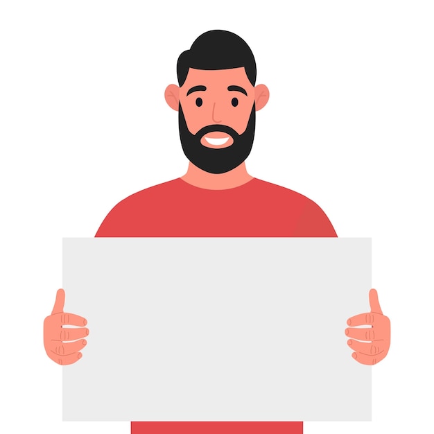 Homme barbu tenant une affiche vierge feuille vide de papier blanc ou de planche Illustration vectorielle