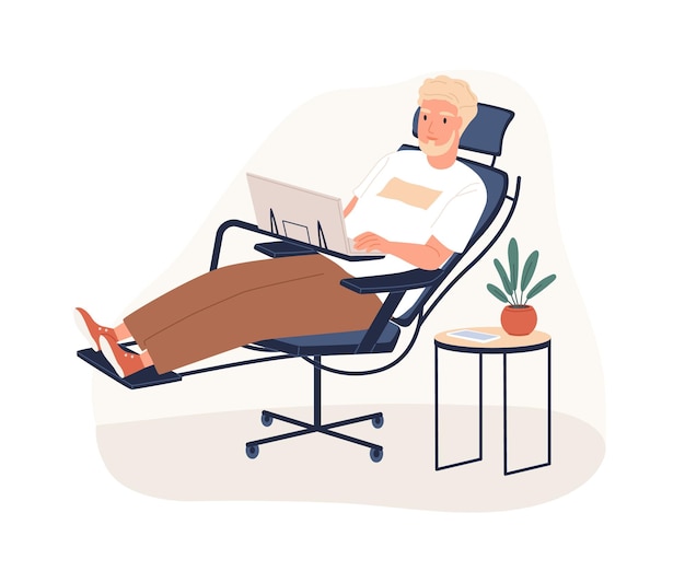 Un Homme Barbu Travaille Sur Un Fauteuil Ergonomique Avec Illustration Plate Vectorielle Repose-pieds. Un Employé De L'homme Profite D'une Technologie Innovante Sur Son Lieu De Travail Pour Utiliser Un Ordinateur Portable Isolé Sur Blanc. Mobilier D'espace De Travail Contemporain.