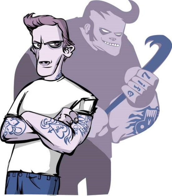 Vecteur un homme avec une batte et un tatouage sur le bras