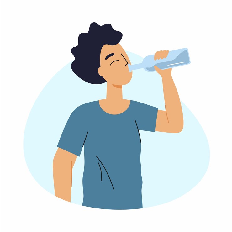 Vecteur l'homme boit du vin dans une bouteille en verre. dépendance à l'alcool. caractère vectoriel dans un style plat.