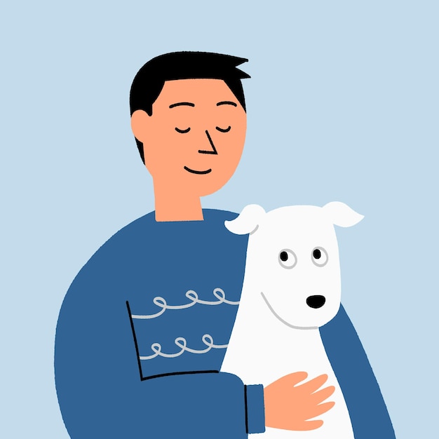 Vecteur l'homme câlins et câlins avec le chien joyeusement illustration vectorielle de dessin animé mignon