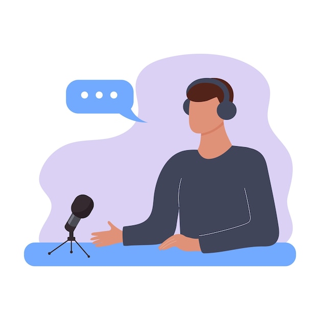 Homme Avec Un Casque Parlant Et Enregistrant Un Podcast En Ligne Avec Microphone Interview Podcast Radio