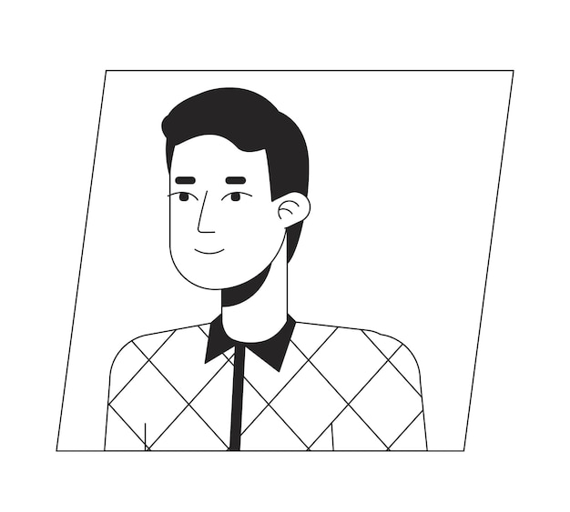 Homme Caucasien Souriant En Chemise Icône D'avatar De Dessin Animé Noir Blanc Illustration De Plat Linéaire De Portrait D'utilisateur De Personnage 2d Modifiable Profil De Visage Vectoriel Contour De La Tête Et Des épaules De La Personne