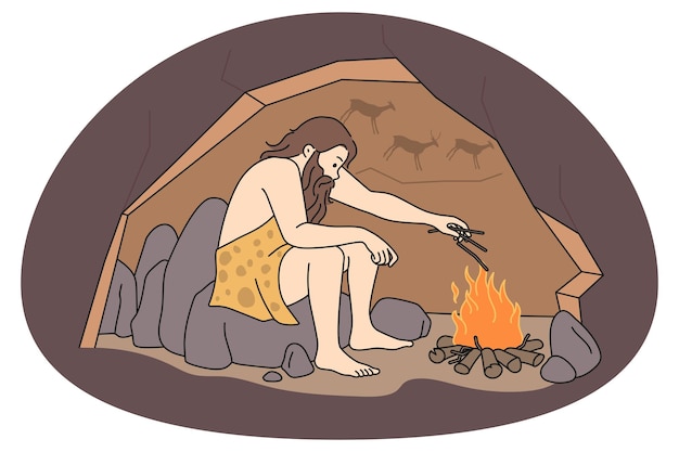 Vecteur homme des cavernes faisant feu dans la grotte