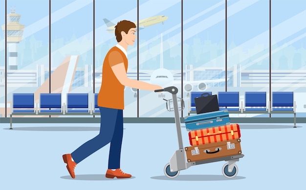 Homme Avec Chariot à Bagages à L'aéroport