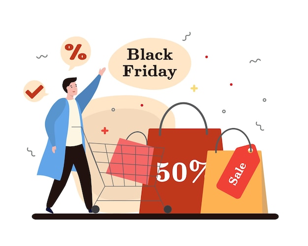 Vecteur homme avec chariot va faire des achats le black friday concept d'achats favorables et bon marché